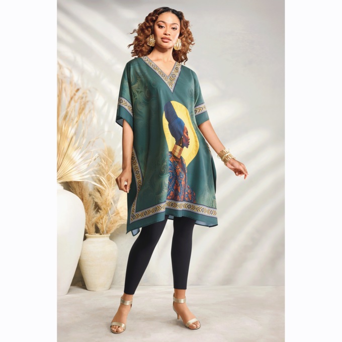 Alheri Women&rsquo;s Short Caftan with V-Neckline and Statement Graphic, , large