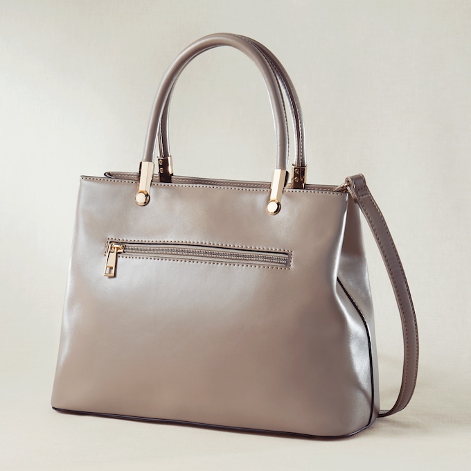 Gold-Trimmed Faux Leather Satchel Set, Taupe, large