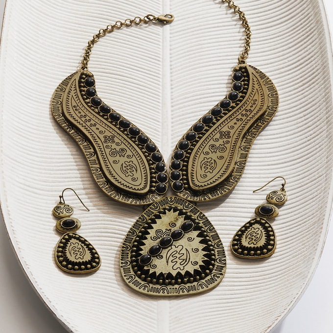 Etched Ethnic Necklace & Earring Set, , large