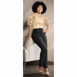 Fleur Sheer Mesh Woven Blouse with Flower Accents and Satin Cami &amp; Billie Slim-Leg Sailor Pants with Double Buttons in Stretch Ponte Knit, , large