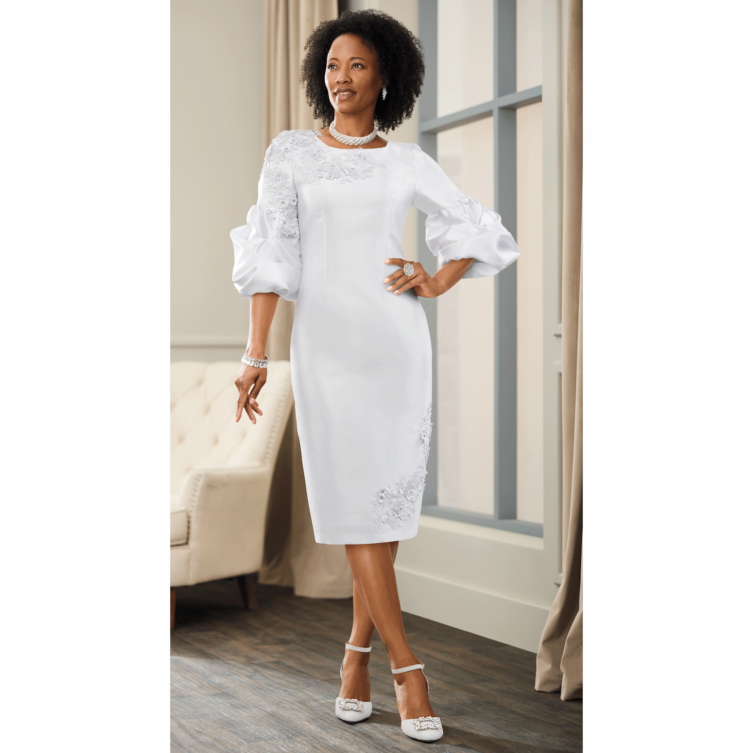 Lucretia Floral LaceAppliqué Women's Dress with Statement Sleeves ASHRO