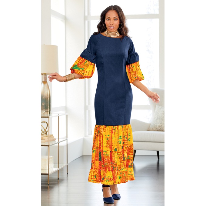 Asia Denim Ankara Dress, , large