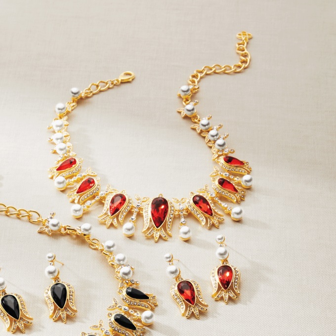 Crystal/Faux-Pearl Necklace & Earring Set, Red, large