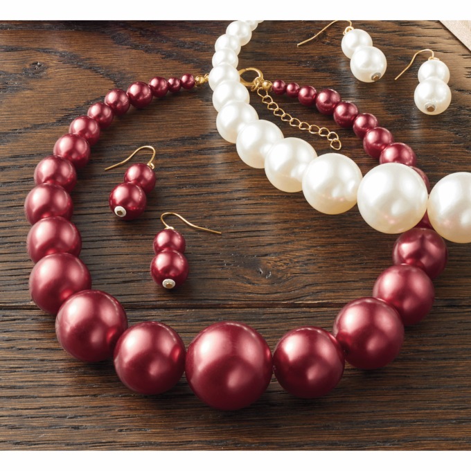 Colored Faux-Pearl Necklace & Earring Set, Red, large
