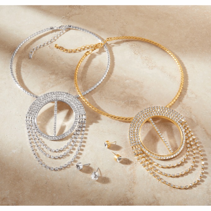 Crystal Round/Loop Necklace & Earrings Set, , large