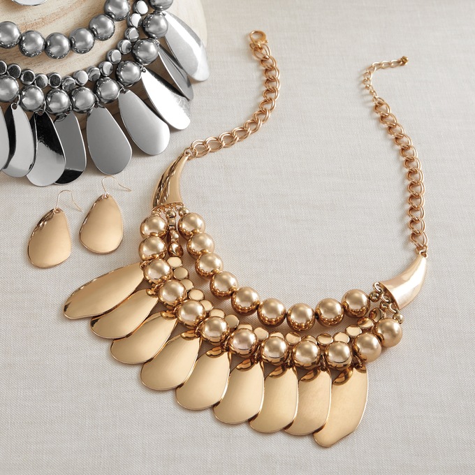 Bead Teardrop Necklace & Earring Set, Goldtone, large