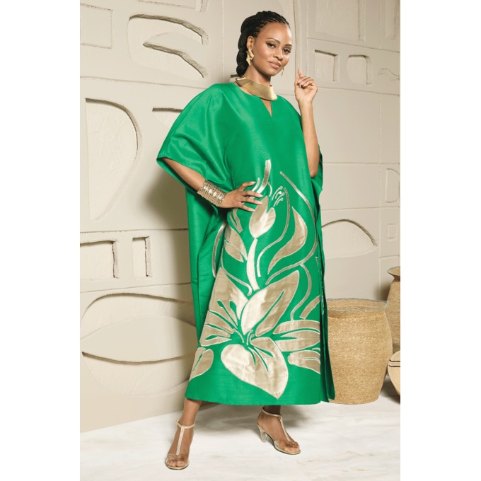 Mardea Long Embroidered Satin Appliqu&eacute; Caftan, Emerald Green, large