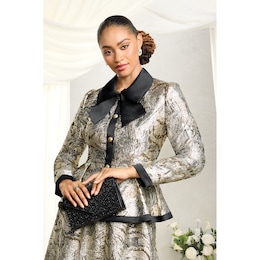 Sona Brocade Jacquard Button-Down Jacket with Peplum and Bow-Like Collar, , large