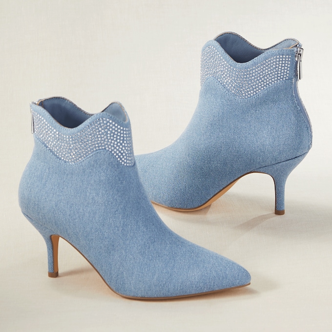 Scalloped Denim Rhinestone Bootie, , large
