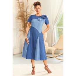 2-Tone Denim A-Line Dress with Rosettes, , large