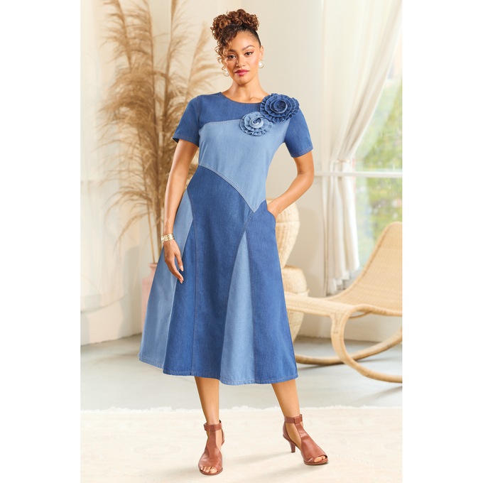 2-Tone Denim A-Line Dress with Rosettes, , large
