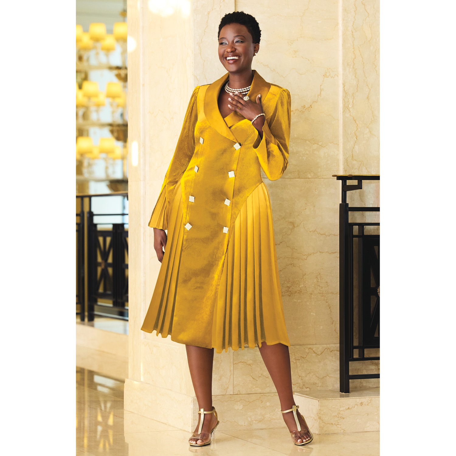 Claudine Women's Velvet Dress With Satin Pleats And Rhinestone Buttons, Size 6, Marigold, Misses