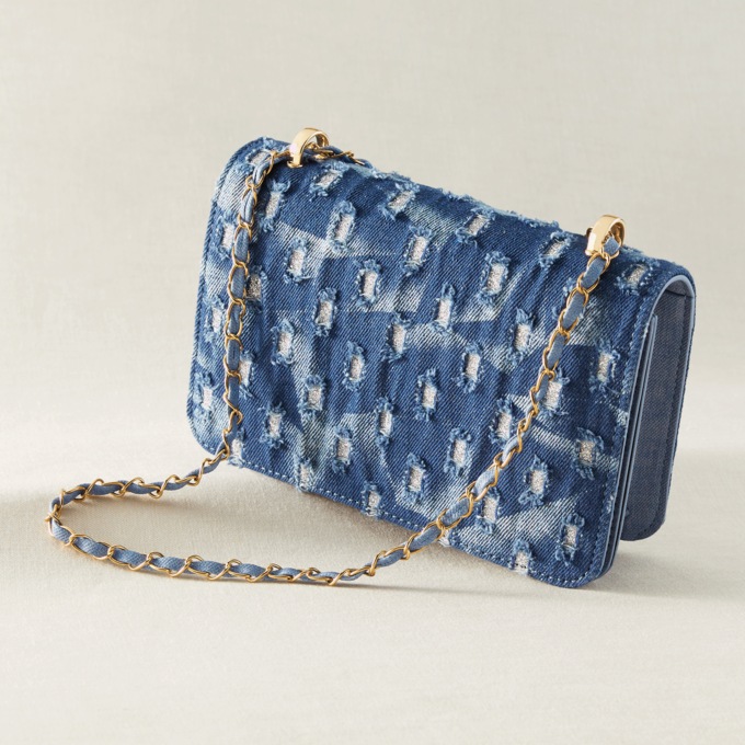 Denim Rhinestone Chain Bag, Blue, large