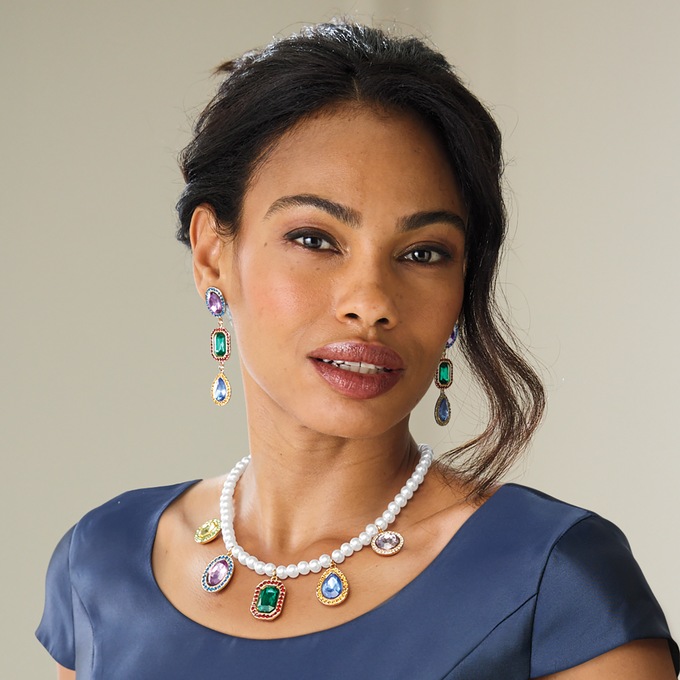 Faux Pearls with Colorful Crystal Pendants Necklace & Earring Set, , large