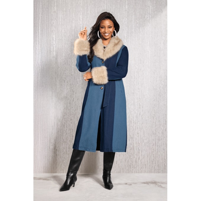 Livia Denim Trench with Removable Faux-Fur Collar and Cuffs, , large