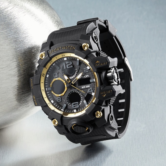 Men's Fashion Chronograph Rubber Strap Watch, Black Goldtone, large