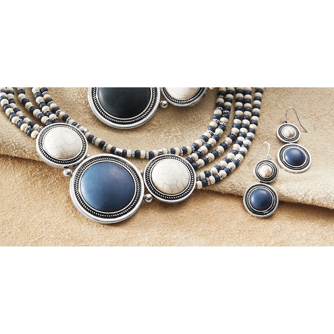 Round Faux-Stone Beaded Necklace & Earring Set, , large