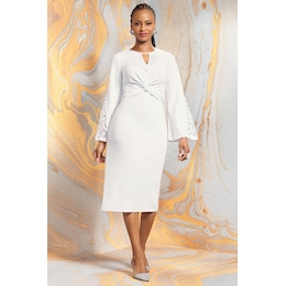 Knotted Waist Women's Lace Sleeve Dress in Stretch Crepe, , large