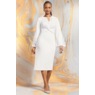 Knotted Waist Women's Lace Sleeve Dress in Stretch Crepe, White, large