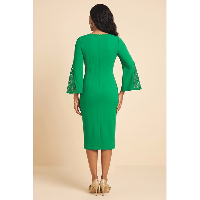 Knotted Waist Women's Lace Sleeve Dress in Stretch Crepe, Emerald Green, large