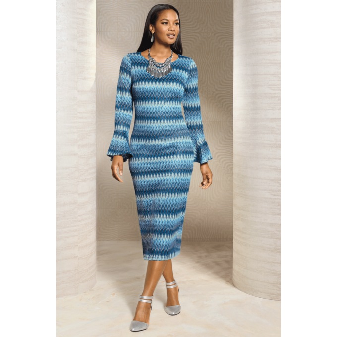 Sylvelia Openwork-Lace Midi Sheath Dress with Bell Cuffs, , large