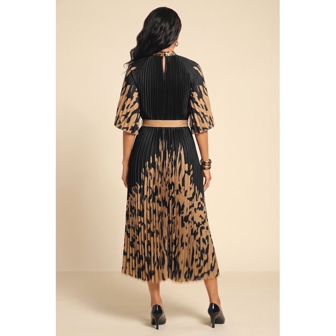 Sharlotte All-Over Pleated A-Line Dress with Flutter Sleeve and Belt, , large