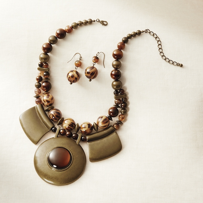 Medallion Bead Multi-Strand Necklace & Earring Set, , large