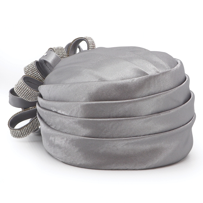 Embellished Satin Flower Turban, Silver, large