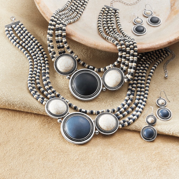 Round Faux-Stone Beaded Necklace & Earring Set, , large