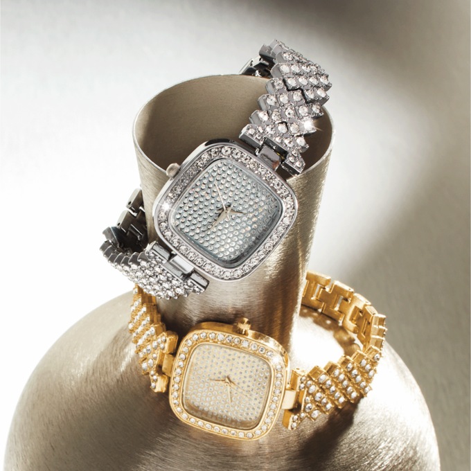 Ladies' Crystal Square Watch, Goldtone, large