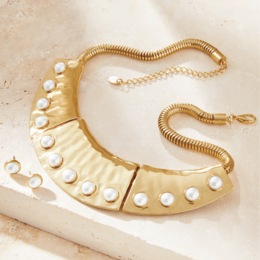 Faux-Pearl Hammered Necklace &amp; Earrings Set, , large
