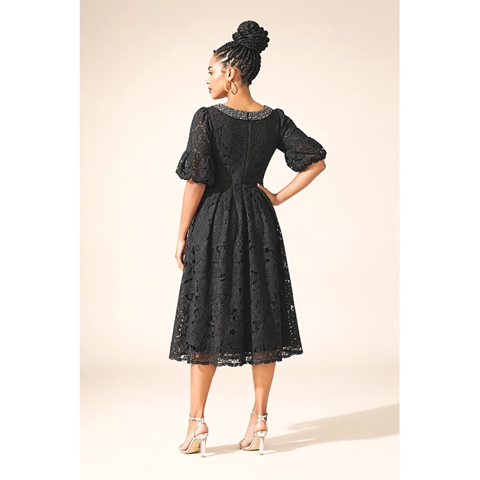 Renira Lace Fit-and-Flare Dress, Black, large