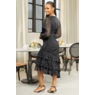 Tahira Smocked-Waist Fit-and-Flare Dress with Sheer Balloon Sleeve, Black Silver, large