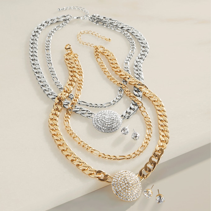 Crystal Disc Multi-Strand Necklace & Earring Set, , large