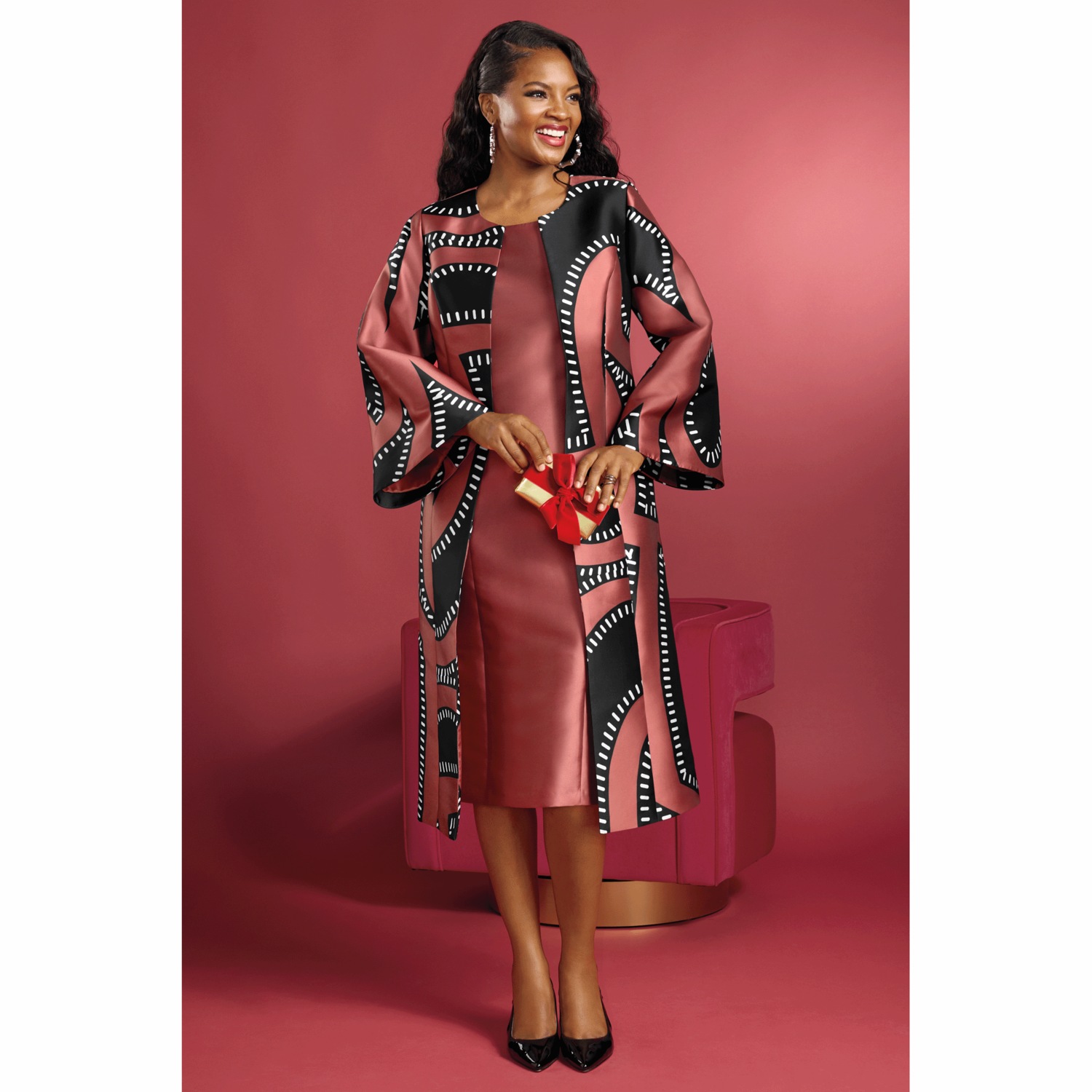 Kayma Flare Sleeve Jacket Dress, Size 16W, Red, Plus