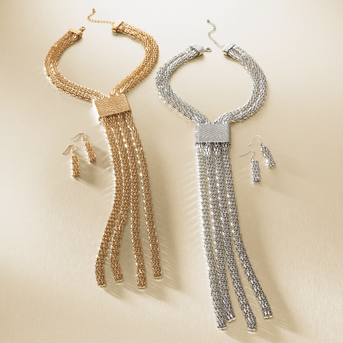 Fringe Drop Necklace and Earring Set, , large