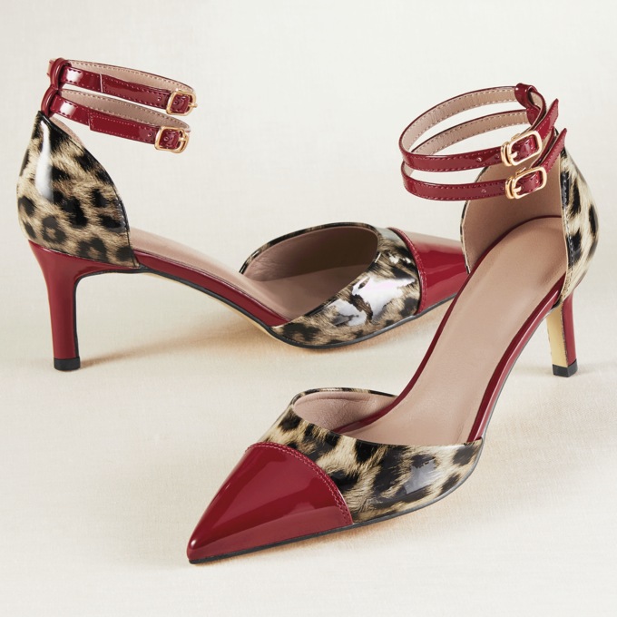 Patent Leopard-Print Ankle-Strap Heel, , large