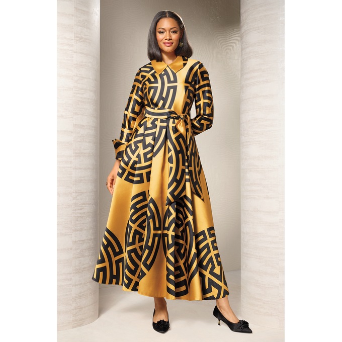 Fabulous Belted Maxi Dress for Women with Full Skirt in Satin Twill, , large
