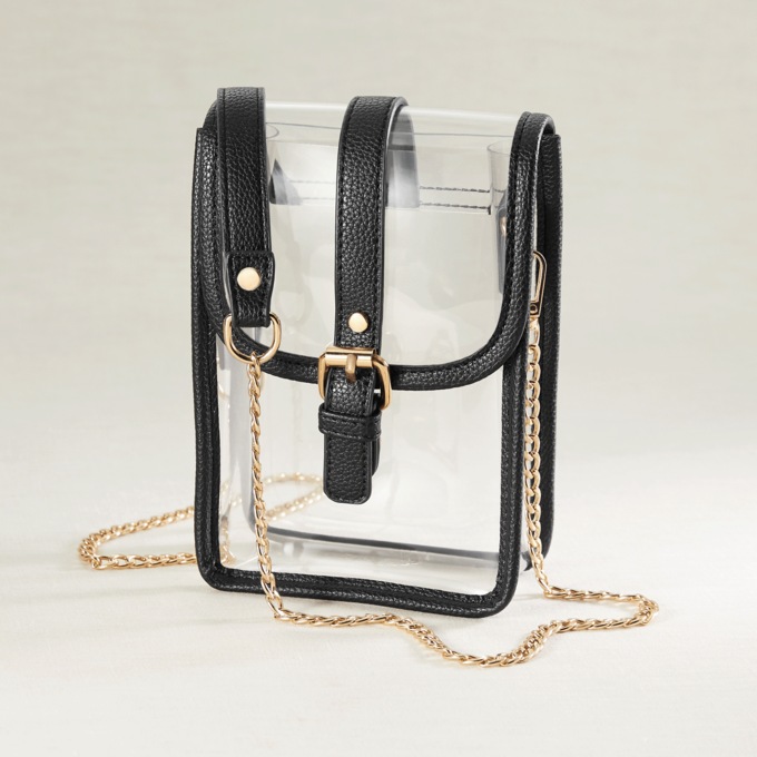 Clear Cell Phone Crossbody with Gold Chain, Black, large