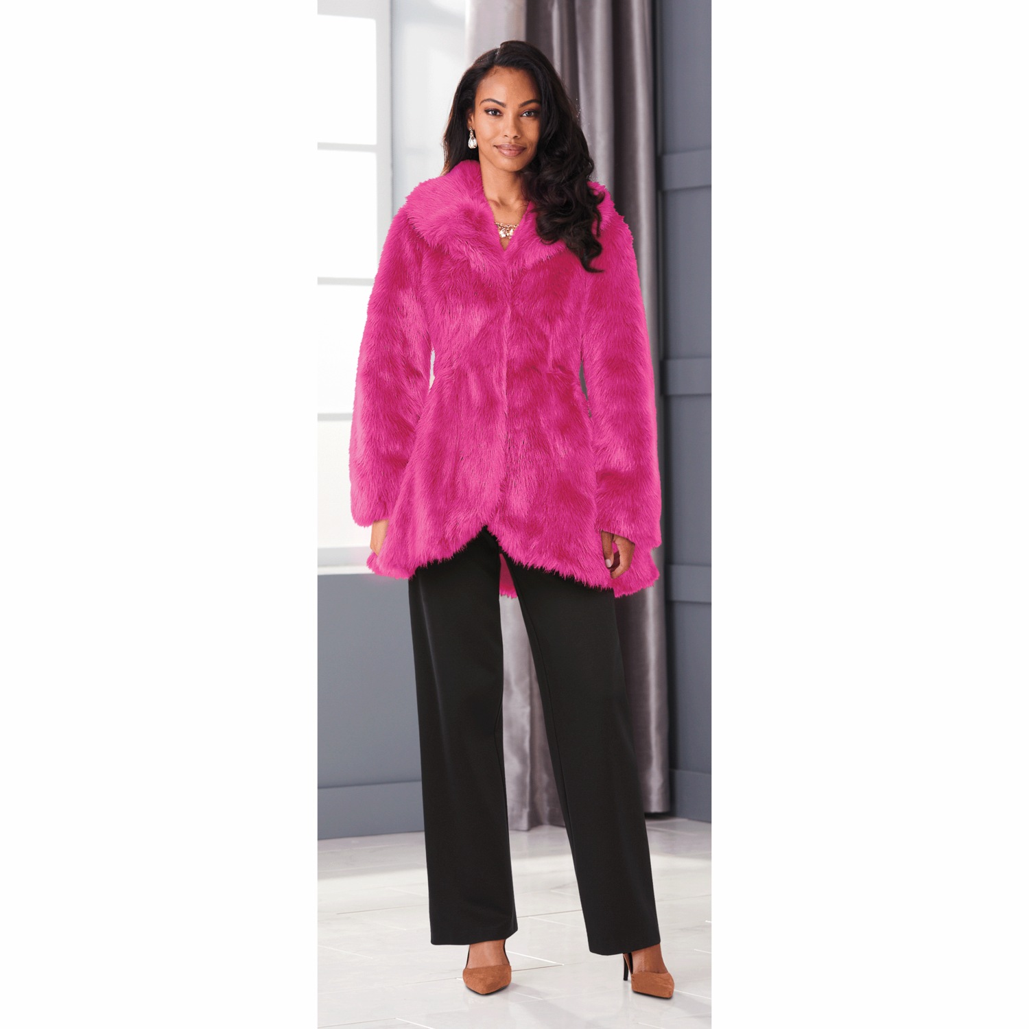 Pink faux fur top coat plus size