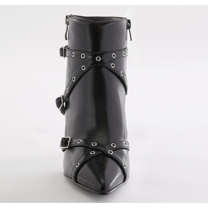 Stud & Buckle Faux Leather Bootie for Women with Grommet Straps and 2.75" Heel, , large