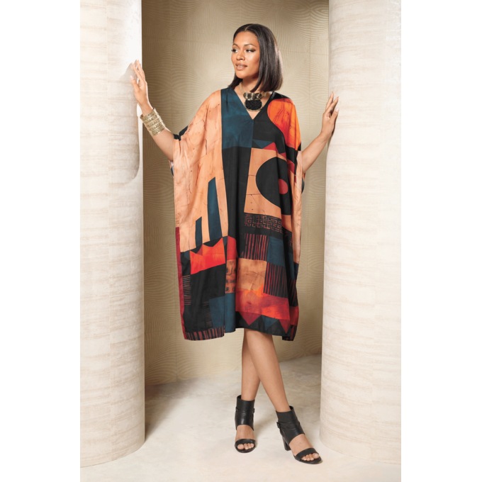 Achebe Medium-Length Women&rsquo;s Caftan in Bold Abstract Print, Multi, large