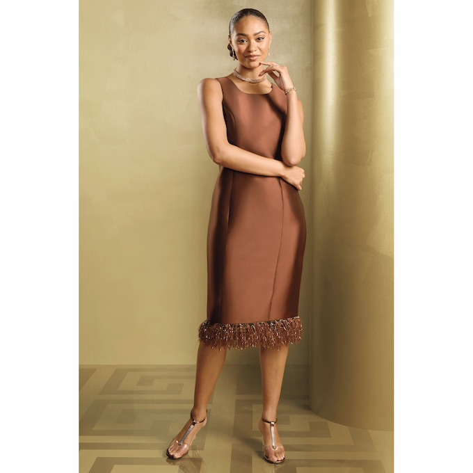 Judiana Metallic Jacquard Fringe Jacket Dress with Sleeveless Sheath, , large