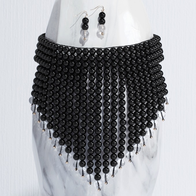 Beaded Fringe Choker Necklace and Earring Set, , large