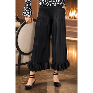 Circle Pleated Wide-Leg Women's Gaucho Pant with 3D Appliqu&eacute; Hem, , large