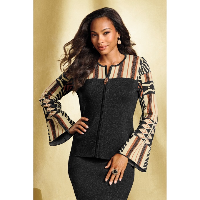 Shae Metallic Sweater-Knit Top with Front Zipper and Bold Bell Sleeves, , large