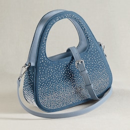 Rhinestone Denim Handbag with Removable Faux Leather Crossbody Strap, , large