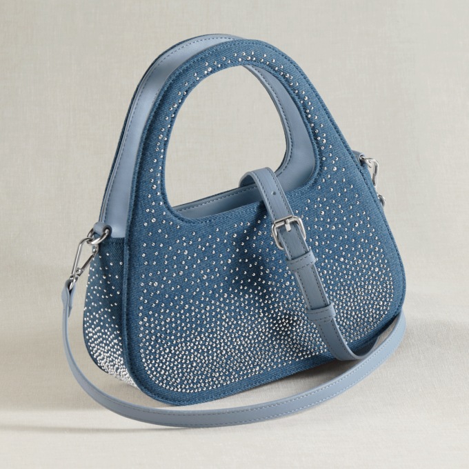 Rhinestone Denim Handbag with Removable Faux Leather Crossbody Strap, Denim, large