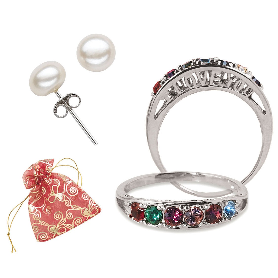 Personalized I Love You Family Birthstone Ring and Freshwater Pearl Earrings, Silvertone, large