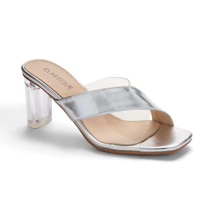 Maleesa Women's Slide with Faux-Leather Strap & 2.75” Clear Heel, , large